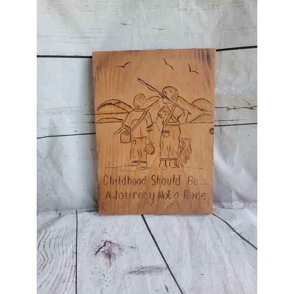 Wooden Hand Crafted Wall Plaque By Sr. Frances Childhood Is A Journey Not A Race - Picture 1 of 9